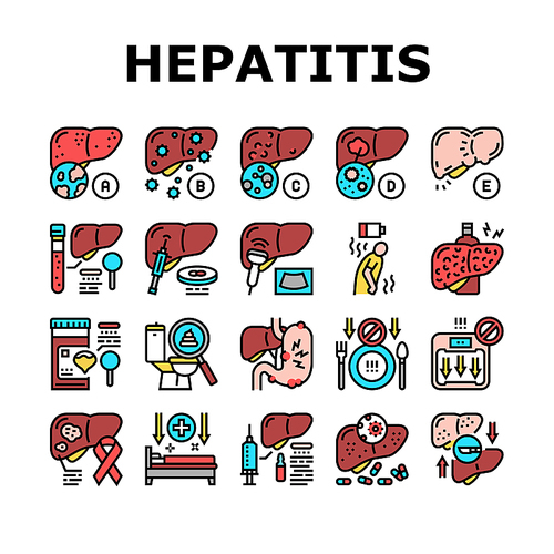 Hepatitis Liver Health Problem Icons Set Vector. Cirrhosis And Hepatitis Type, Pale Stool And Dark Urine, Ultrasound And Biopsy, Abdominal Pain And Vaccination Line. Color Illustrations