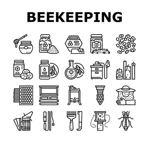 Beekeeping Profession Occupation Icons Set Vector. Bee Honey Bottle And Pollen Container, Royal Jelly And Beeswax Candles, Hand Tools And Smoker Beekeeping Business Black Contour Illustrations