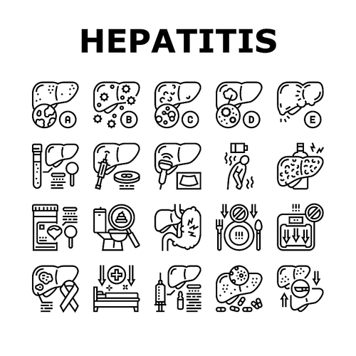 Hepatitis Liver Health Problem Icons Set Vector. Cirrhosis And Hepatitis Type, Pale Stool And Dark Urine, Ultrasound And Biopsy, Abdominal Pain And Vaccination Black Contour Illustrations