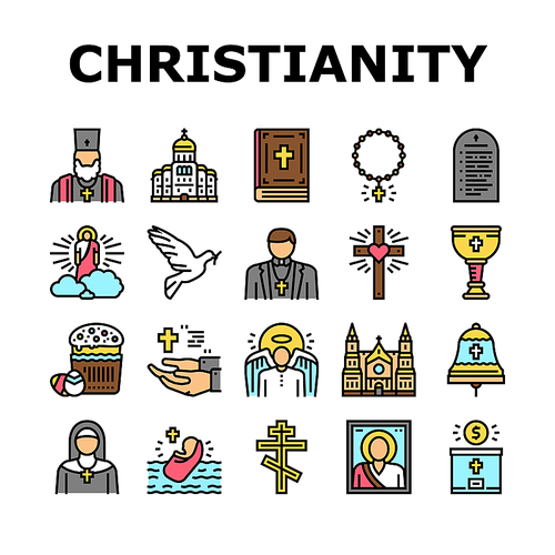 christianity religion church icons set vector. christianity cross and crucifixion, cathedral and monastery building, bible and priest, god and angel, prayer and . line. color illustrations