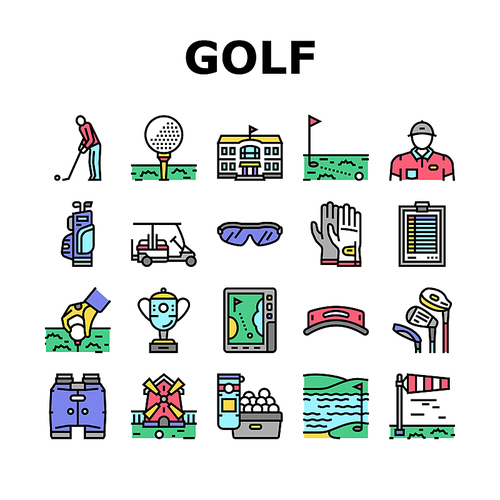 Golf Sportive Game On Playground Icons Set Vector. Ball And Clubs In Bag, Caddy And Gps Digital Gadget, Cup Award And Score, Gloves And Sunglasses Golf Player Accessories Line. Color Illustrations