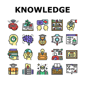 Knowledge And Mind Intelligence Icons Set Vector. World Knowledge And University Diploma, Asking Question For Solve Problem And Intelligent Talking Line. Library Shelf With Books Color Illustrations