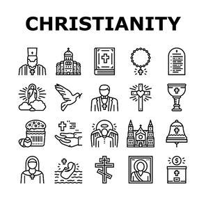 christianity religion church icons set vector. christianity cross and crucifixion, cathedral and monastery building, bible and priest, god and angel, prayer and . black contour illustrations