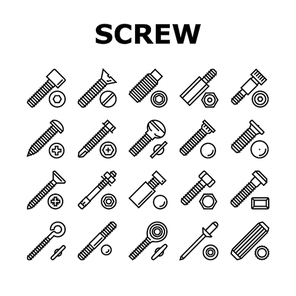 Screw And Bolt Building Accessory Icons Set Vector. Socket Head And Shoulder Screw, Press-fit And Hex Standoffs, Eyebolt With Peg And Rivet Engineer Equipment Black Contour Illustrations