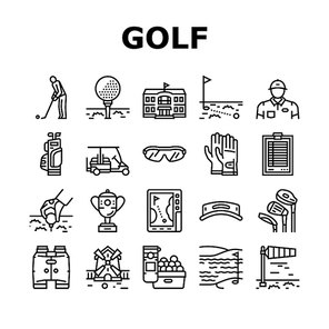 Golf Sportive Game On Playground Icons Set Vector. Ball And Clubs In Bag, Caddy And Gps Digital Gadget, Cup Award And Score, Gloves And Sunglasses Golf Player Accessories Black Contour Illustrations