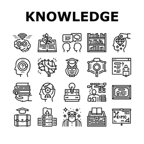 Knowledge And Mind Intelligence Icons Set Vector. World Knowledge And University Diploma, Asking Question For Solve Problem And Intelligent Talking. Library Shelf Books Black Contour Illustrations