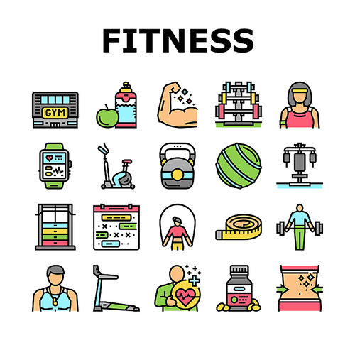 Fitness Health Athlete Training Icons Set Vector. Sportsman Equipment For Make Muscle Exercise And Fitness Bracelet Gadget, Barbell Rack And Dumbbell Tool Line. Color Illustrations