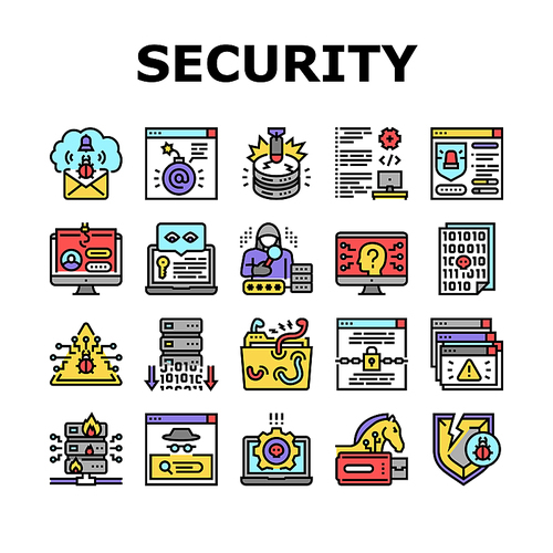 Cyber Security System Technology Icons Set Vector. Cyber Security Software And Application, Padlock And Password For Data Base And Information Protection From Virus Line. Color Illustrations