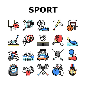 Sport Active Competitive Game Icons Set Vector. Basketball And Volleyball, Soccer And Rugby, Tennis And Badminton Sport Line. Archery, Baseball And Bowling Playing Player Color Illustrations