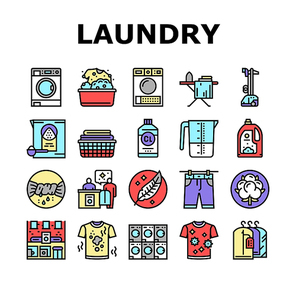 Laundry Service Washing Clothes Icons Set Vector. Laundry And Drying Machine For Wash And Dry Textile Clothing, Steam And Iron Device For Clean Garment Line. Housework Color Illustrations