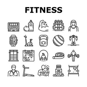 Fitness Health Athlete Training Icons Set Vector. Sportsman Equipment For Make Muscle Exercise And Fitness Bracelet Gadget, Barbell Rack And Dumbbell Tool Black Contour Illustrations