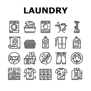Laundry Service Washing Clothes Icons Set Vector. Laundry And Drying Machine For Wash And Dry Textile Clothing, Steam And Iron Device For Clean Garment Black Contour Illustrations
