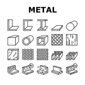 Metal Material Construction Beam Icons Set Vector. Pipe And Round Bar, Square And Diamond Plate, Angle And Brass, Expanded Sheet And Channel Metal Profile, Black Contour Illustrations
