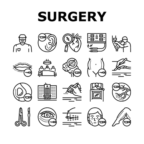Surgery Medicine Clinic Operation Icons Set Vector. Lips And Facial Plastic Surgery, Liposuction And Implant Beauty Procedure Line. Health Treatment Preocessing Black Contour Illustrations