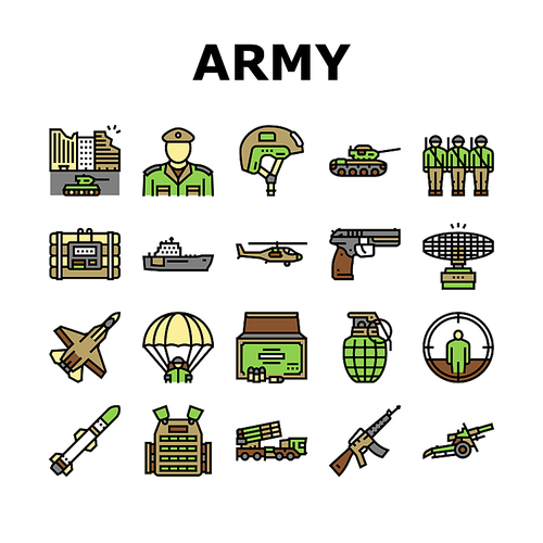 Army Soldier And War Technics Icons Set Vector. Army Military Tank Machine And Air Plane, Artillery Weapon And Grenade, Ammunition And Parachute Accessories Line. Color Illustrations