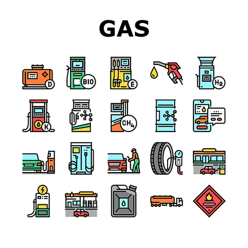 Gas Station Refueling Equipment Icons Set Vector. Diesel And Gasoline, Ethanol And Methanol Gas Station, Wheel Inflation And Car Washing Service Line. Canister And Barrel With Fuel Color Illustrations