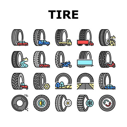 Used Tire Sale Shop Business Icons Set Vector. Winter And Summer Seasonal Used Tire For Truck And Car, Farm Tractor And Motorcycle Line. Reusing Automobile Wheel Color Illustrations