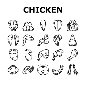 chicken animal farm raw meat food icons set vector. chicken leg quarter and feet, neck and back, wing and drumstick bird  heart and liver black contour illustrations