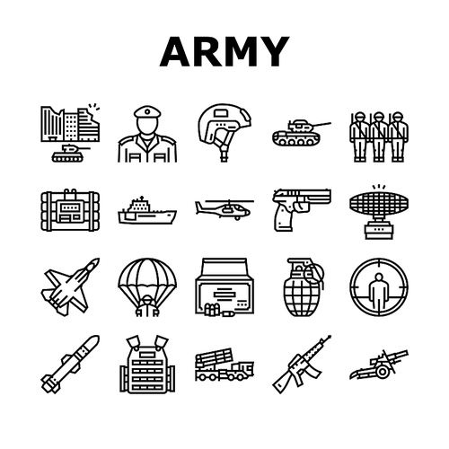 Army Soldier And War Technics Icons Set Vector. Army Military Tank Machine And Air Plane, Artillery Weapon And Grenade, Ammunition And Parachute Accessories Black Contour Illustrations