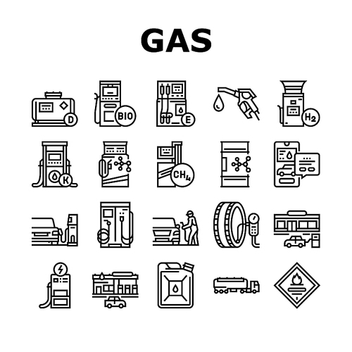 Gas Station Refueling Equipment Icons Set Vector. Diesel And Gasoline, Ethanol And Methanol Gas Station, Wheel Inflation And Car Washing Service Line. Canister Barrel Fuel Black Contour Illustrations