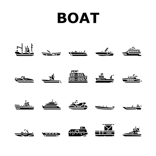 Boat Water Transportation Types Icons Set Vector. Runabout And Catamaran, Fishing And Bowrider, Motor Yacht And Cabin Cruiser Boat Line. Ship Motorboat Transport Glyph Pictograms Black Illustrations