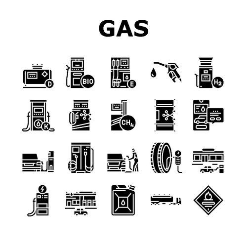 Gas Station Refueling Equipment Icons Set Vector. Diesel And Gasoline, Ethanol And Methanol Gas Station, Wheel Inflation Car Washing Service. Canister Barrel Fuel Glyph Pictograms Black Illustrations