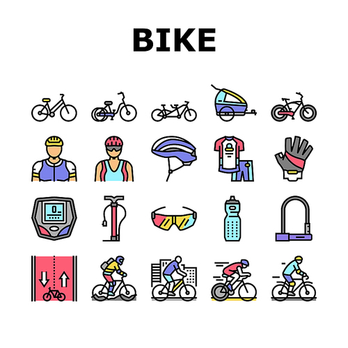 Bike Transport And Accessories Icons Set Vector. Bike And Tricycle, Rider Protective Helmet And Clothes, Glasses And Water Bottle, Urban And Cruiser Bicycle Line. Color Illustrations