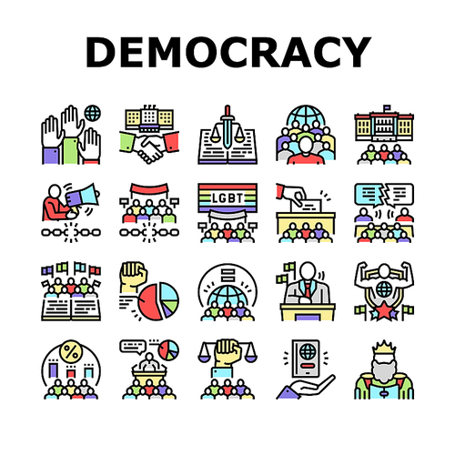 Democracy Government Politic Icons Set Vector. Democracy Parliament And Political Voting, Citizen Patriotism And Social Justice, Majority Rules And Minority Rights Line. Color Illustrations