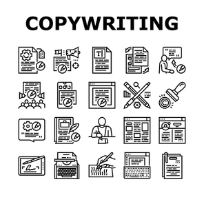 Copywriting Content Strategy Icons Set Vector. Online Copywriting And Public Relations, Typewriter Occupation And Writer Writing Article Line. Social Media Blog Black Contour Illustrations