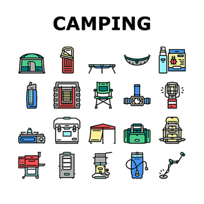 Camping Equipment And Accessories Icons Set Vector. Camp Cooler And Portable Heater, Water Filter And Stove, Canopy And Tent Construction, Hammock And Camping Chair Line. Color Illustrations