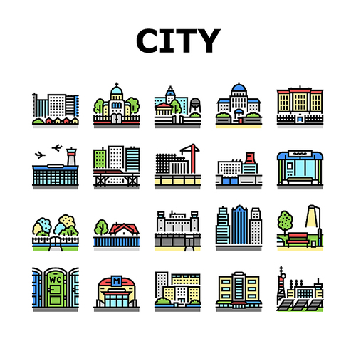 City Construction And Landscape Icons Set Vector. Metro Station And Bus Stop, Factory Industry Building And Airport, Church And Cathedral, City Park And Business Center Line. Color Illustrations