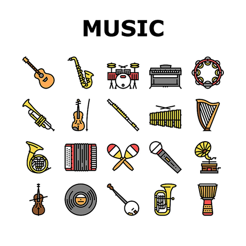 Music Instruments Performance Icons Set Vector. Saxophone And Trumpet, Guitar And Violin, Tambourine And Accordion Music Instrument Line. Gramophone And Vinyl For Listen Song Color Illustrations