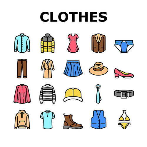 Clothes And Wearing Accessories Icons Set Vector. Suit And Dress Formalwear, Boots And Shoes, Tie And Belt, Textile Sweater And Fabric Pants Clothes Line. Male And Female Garment Color Illustrations