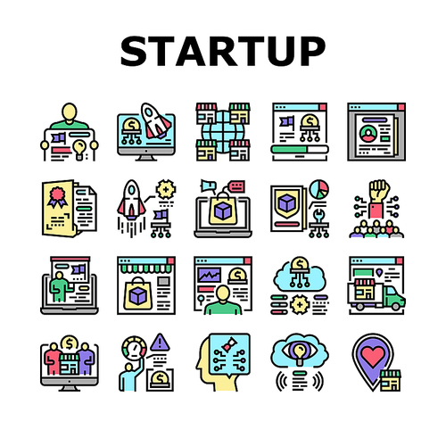 Startup Business Idea Launching Icons Set Vector. Planning Strategy And Launch Startup Company, Businessman Presentation Plan And Reporting Achievement Line. Product Patent Color Illustrations