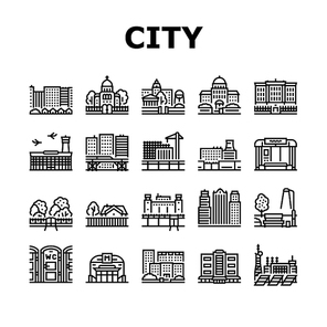 City Construction And Landscape Icons Set Vector. Metro Station And Bus Stop, Factory Industry Building And Airport, Church And Cathedral, City Park And Business Center Black Contour Illustrations