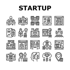 Startup Business Idea Launching Icons Set Vector. Planning Strategy And Launch Startup Company, Businessman Presentation Plan And Reporting Achievement. Product Patent Black Contour Illustrations
