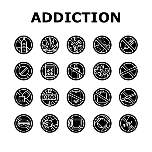 Addiction Substance Dependence Icons Set Vector. Stimulant Drugs And Painkillers Pills, Gambling Game And Alcohol, Tobacco Cigarettes And Marijuana Addiction Glyph Pictograms Black Illustrations