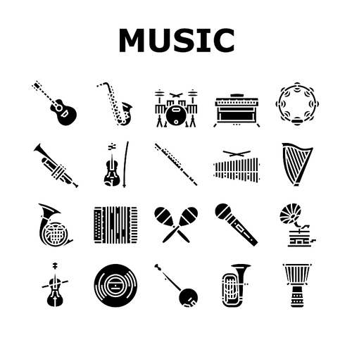 Music Instruments Performance Icons Set Vector. Saxophone And Trumpet, Guitar And Violin, Tambourine And Accordion Music Instrument. Gramophone Vinyl Listen Song Glyph Pictograms Black Illustrations
