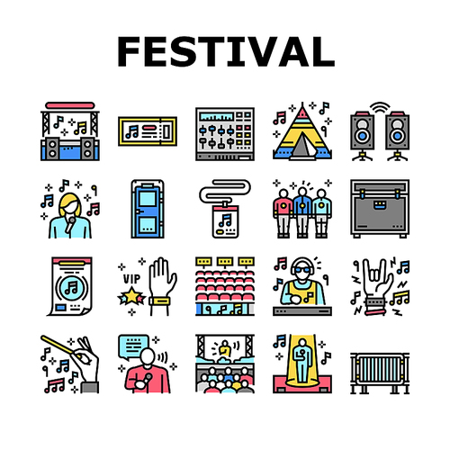 Music Festival Band Equipment Icons Set Vector. Singer Singing In Microphone And Orchestra Playing On Musician Instrument, Rock And Classical Music Concert Festive Event Line. Color Illustrations