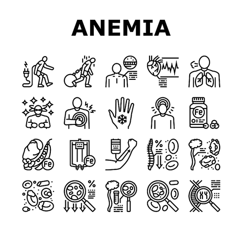 Anemia Patient Health Problem Icons Set Vector. Fanconi And Autoimmune Hemolytic Anemia Disease, Dizziness Or Lightheadedness, Shortness Of Breath And Irregular Heartbeats Black Contour Illustrations