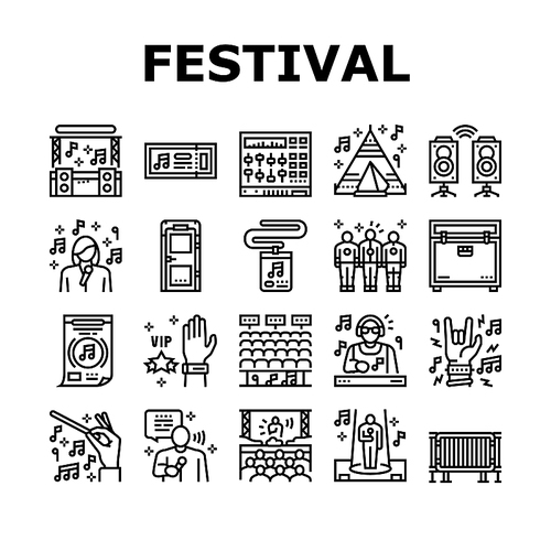 Music Festival Band Equipment Icons Set Vector. Singer Singing In Microphone And Orchestra Playing On Musician Instrument, Rock And Classical Music Concert Festive Event Black Contour Illustrations
