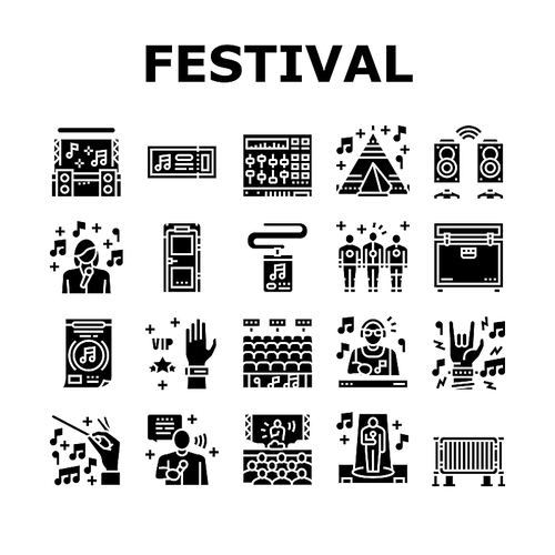 Music Festival Band Equipment Icons Set Vector. Singer Singing In Microphone And Orchestra Playing On Musician Instrument, Rock And Classical Music Concert Event Glyph Pictograms Black Illustrations