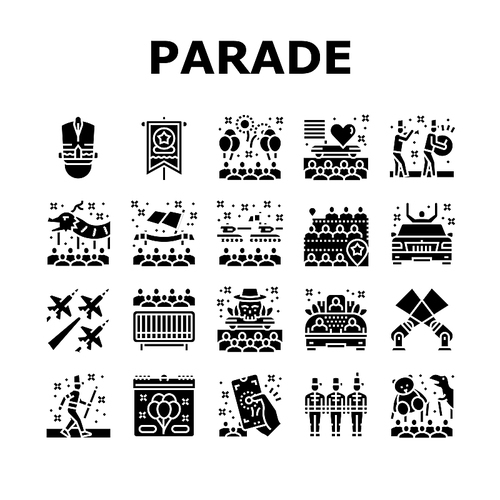 Parade Celebration Festival Event Icons Set Vector. Light Show And Firework, Military And Aviation Parade, Marching People And Asiatic New Year Celebrate Holiday Glyph Pictograms Black Illustrations
