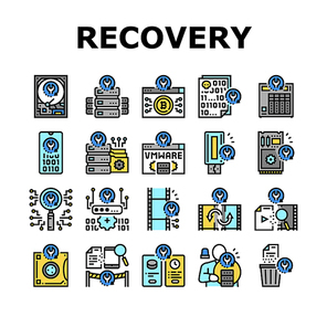 Data Recovery Computer Processing Icons Set Vector. Remote Emergency Data Recovery Hard Drive And Ssd, Smartphone And Password Line. Loss Prevention Services And Software Color Illustrations