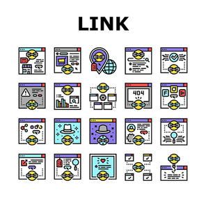 Link Building And Optimization Icons Set Vector. Website Link Analytics And E-commerce, With Proper Anchor Text And Social Sharing Line. 404 Error And Guest Post Service Color Illustrations