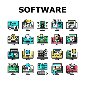 Software Program Development Icons Set Vector. Freeware Download And Upload For Sharing, Programming Code And Script, Hacked And License Software Line. Firmware Color Illustrations