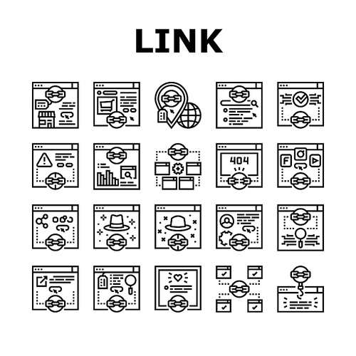 Link Building And Optimization Icons Set Vector. Website Link Analytics And E-commerce, With Proper Anchor Text And Social Sharing Line. 404 Error And Guest Post Service Black Contour Illustrations