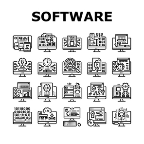 Software Program Development Icons Set Vector. Freeware Download And Upload For Sharing, Programming Code And Script, Hacked And License Software Black Contour Illustrations