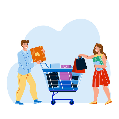 Shoppers Couple Goods Add To Cart In Market Vector. Man And Woman Add To Cart Supermarket Bags. Characters Boy And Girl Shopaholic Making Purchases In Shop Flat Cartoon Illustration