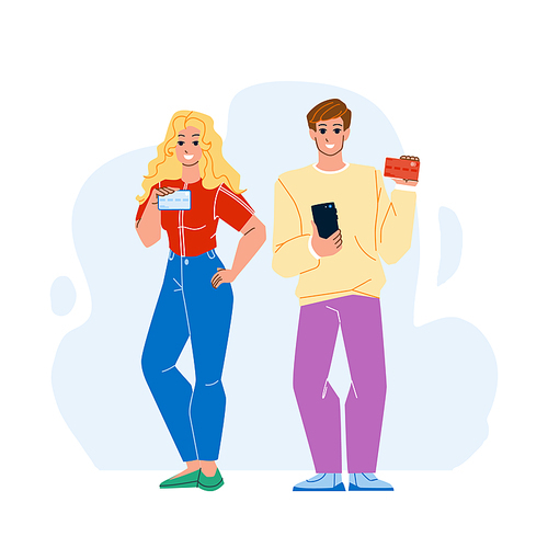 Couple Holding Credit Card For Shopping Vector. Man And Woman Hold Bank Credit Card For Making Online Purchase And Buying Goods In Shop. Characters Shopaholic Flat Cartoon Illustration